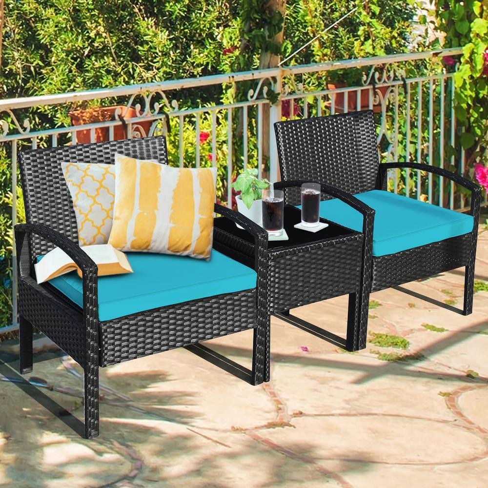 3-Piece Outdoor Wicker Patio Conversation Set with Turquoise Cushions and Coffee Table price history on PriceWatchPro