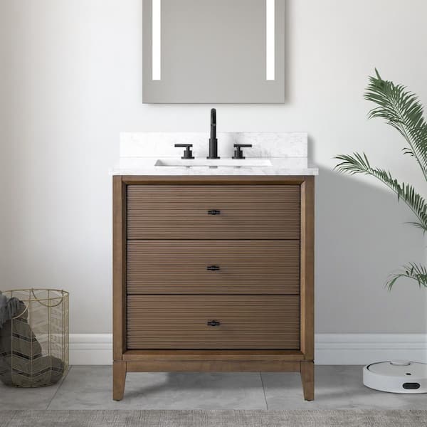 30 in. W x 22 in. D Single Sink Freestanding Walnut Bath Vanity Cabinet with White Engineered Marble Top
