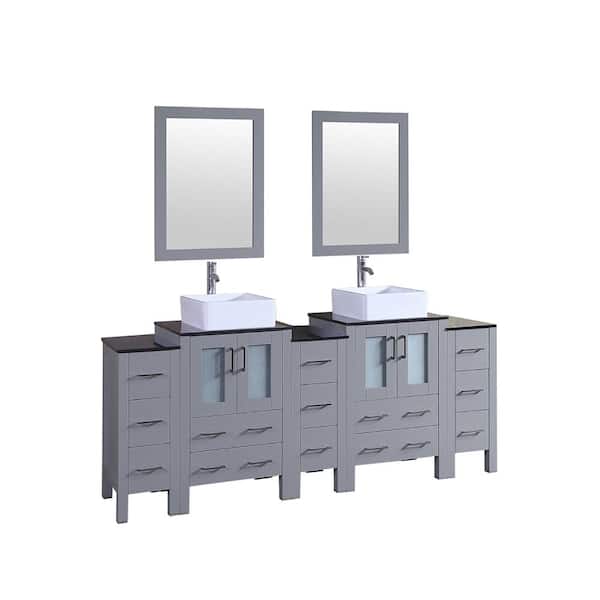 Bosconi 84 in. W Double Bath Vanity with Tempered Glass Vanity Top in Black with White Basin and Mirror