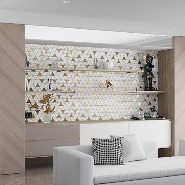 Strata 10 in. x 11 in. Matte White, Gold Porcelain Mosaic Triangle Wall and Floor Tile (8.58 sq. ft./Case) - 11 Pack