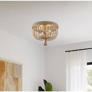 Taylan 14 in. 2-Light Antique Gold Flush Mount Ceiling Light Fixture with Jute Rope and Wood Beaded Shade