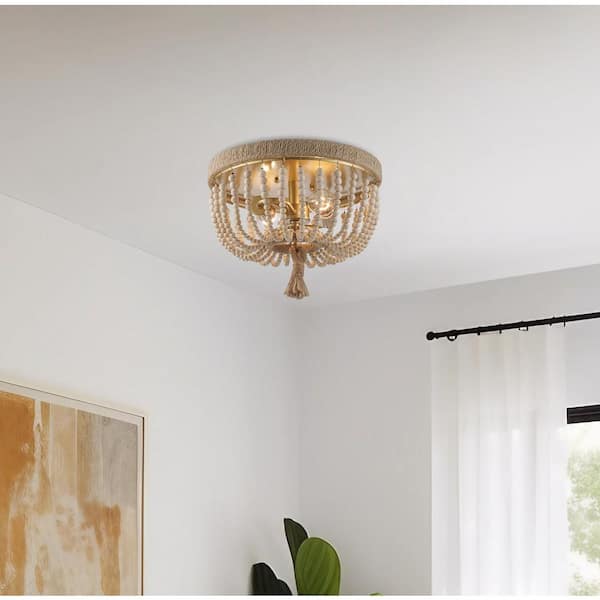 Taylan 14 in. 2-Light Antique Gold Flush Mount Ceiling Light Fixture with Jute Rope and Wood Beaded Shade