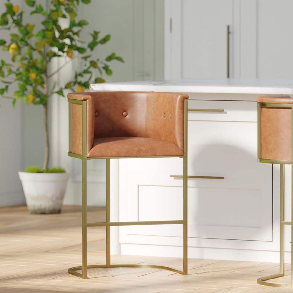 Manhattan 31 in. H Gold Low-Back Metal Bar Stool with Tobacco Brown Faux Leather Seat, One Stool