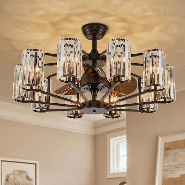 36 in. 10-Light Modern Oiled Red Bronze Downrod Crystal Chandelier Ceiling Fan with Remote Control (without Bulbs)