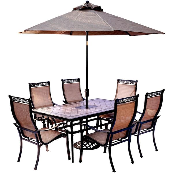 Reviews For Hanover 7 Piece Outdoor Dining Set With Rectangular Tile Top Table And Contoured Sling Stationary Chairs Umbrella Base Pg 1 The Home Depot - Patio Furniture Sets With Umbrella Home Depot
