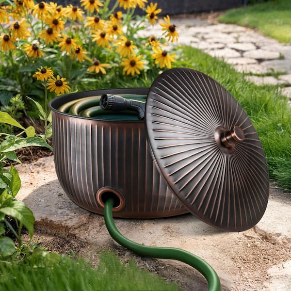 Ridge Embossed Garden Hose Holder Pot with Lid, Antique Copper