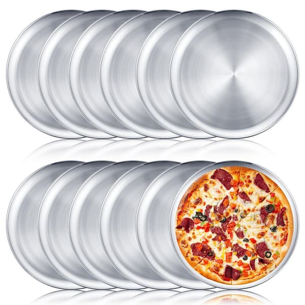 12-Piece Stainless Steel Pizza Pan Set Round Silver Tray for Baking Pizza Pie Cookie Cake Sheet Dishwasher Safe