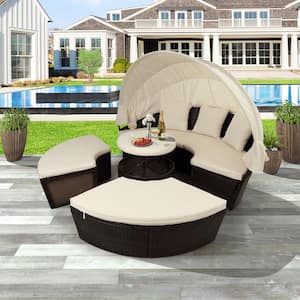 Round Brown Wicker Outdoor Sectional Sofa Set Daybed with Retractable Canopy, Separate Seating, Beige Removable Cushion