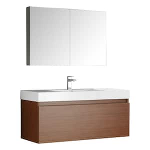 Mezzo 48 in. Vanity in Teak with Acrylic Vanity Top in White with White Basin and Mirrored Medicine Cabinet
