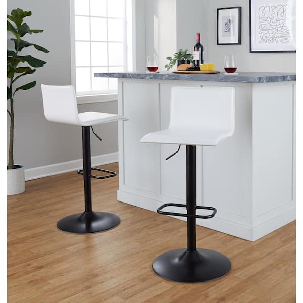LumiSource Mara 32.75 in. White Faux Leather and Black Metal Adjustable Bar Stool with Rounded Rectangle Footrest (Set of 2)