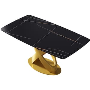 62.99 in. Modern Rectangular Black Sintered Stone Dining Table with Golden Carbon Steel Legs (Seat 6)