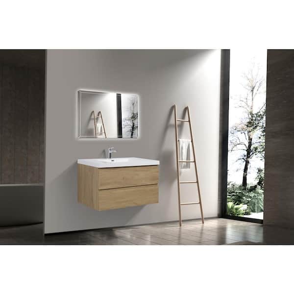 42 in. W Single Sink Wall-Mounted Natural Oak Bath Vanity With White Resin Top Unassembled