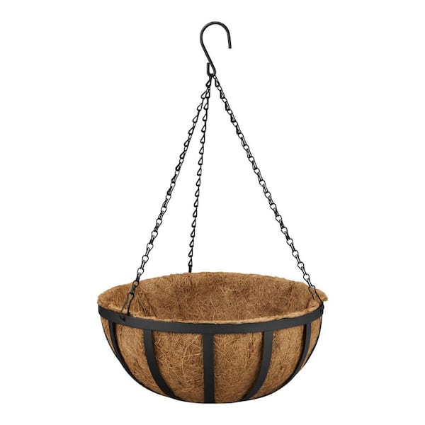 Vigoro English Medium Black Metal Hanging Round Planter with Coco Liner (14 in. L x 14 in. W x 6.5 in. H)