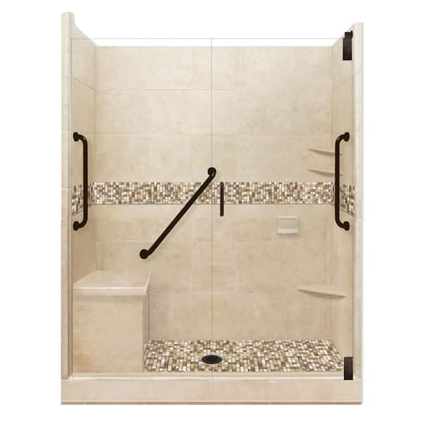 American Bath Factory Roma Freedom Grand Hinged 32 in. x 60 in. x 80 in. Center Drain Alcove Shower Kit in Brown Sugar and Old Bronze Hardware