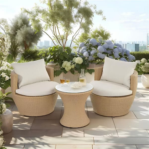 Harper & Bright Designs Light Brown 3-Piece Rattan and Aluminum Frame Outdoor Patio Chat Set with Coffee Table, Beige Cushions, No Assembly