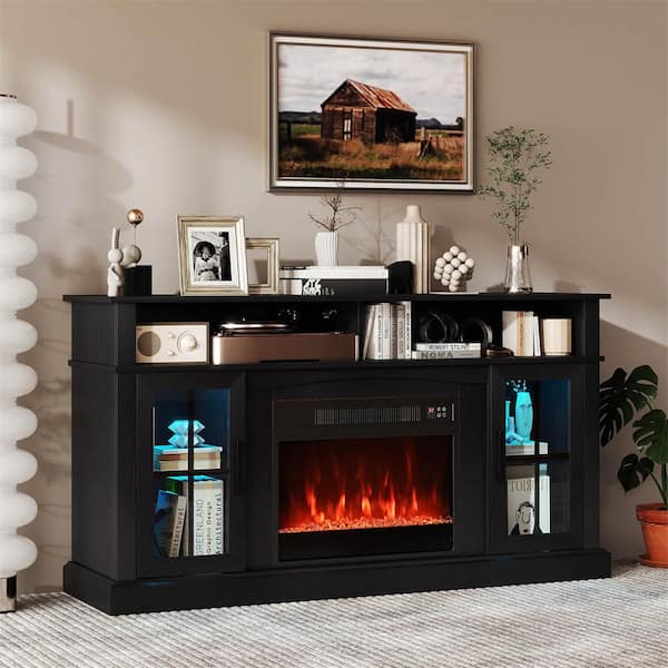 58 in. Freestanding Wooden Smart Electric Fireplace TV Stand in Black with LED Lights