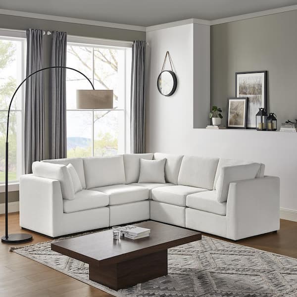 Chandler 93 in. Square Arm 5-piece Polyester Performance Fabric L-shaped Sectional Sofa-Ivory