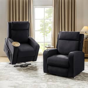 Dan Charcoal Farmhouse Massage Lift Assist Power Recliner with Solid Wood Tray (Set of 2)