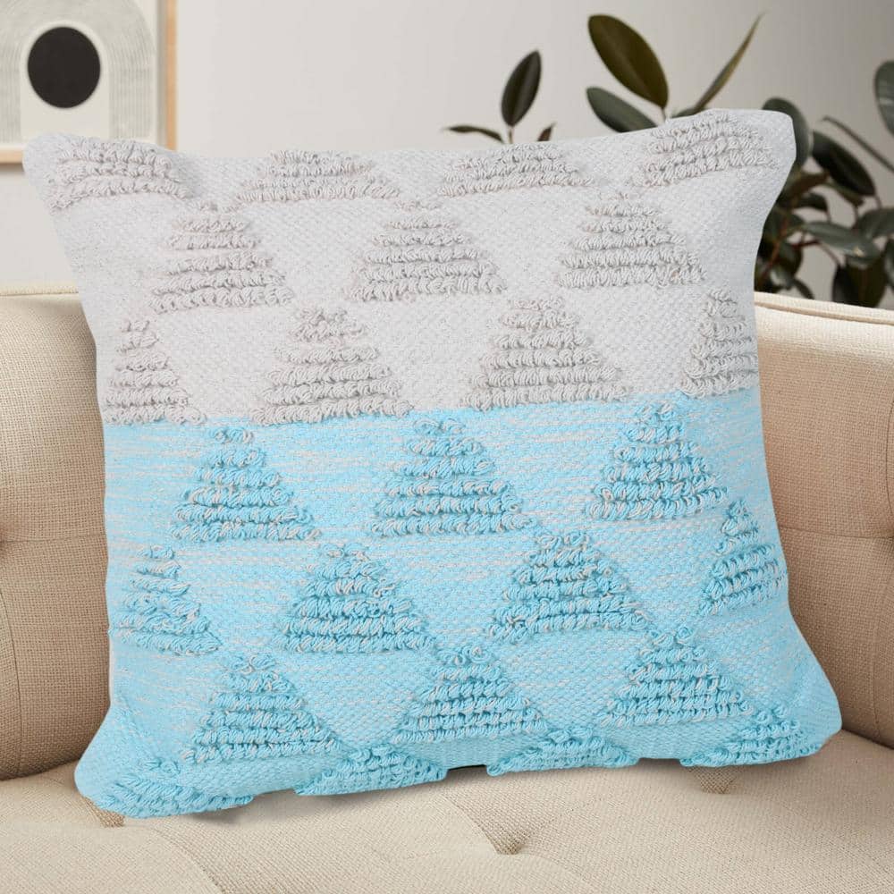 20" Blue and Off-White Geometric Cotton Throw Pillow