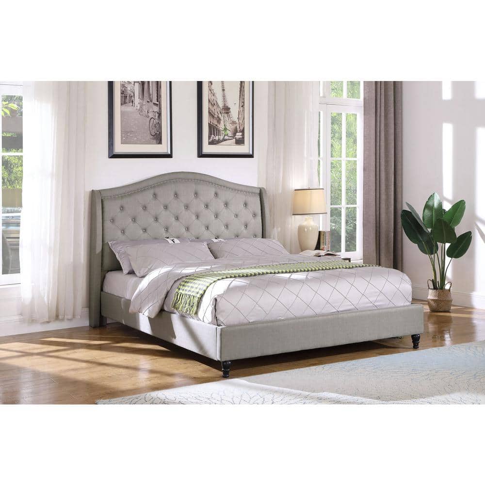 King Gray Tufted Upholstered Wood Frame Bed with Nailhead Trim