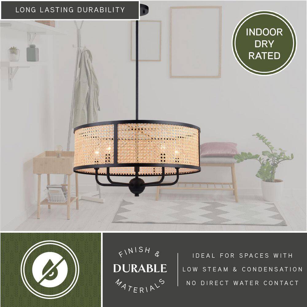 Matte Black and Rattan Drum Pendant Light Fixture