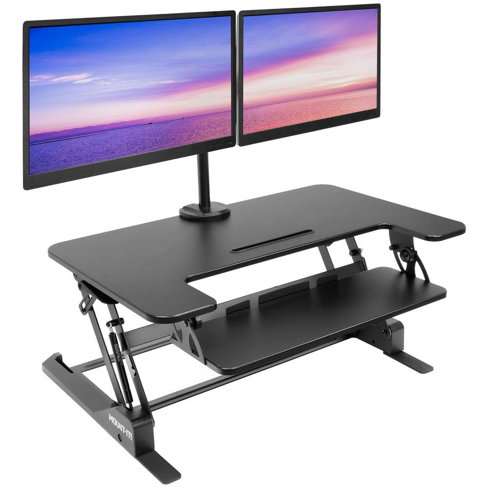 Black Adjustable Standing Desk Converter with Dual Monitor Mount