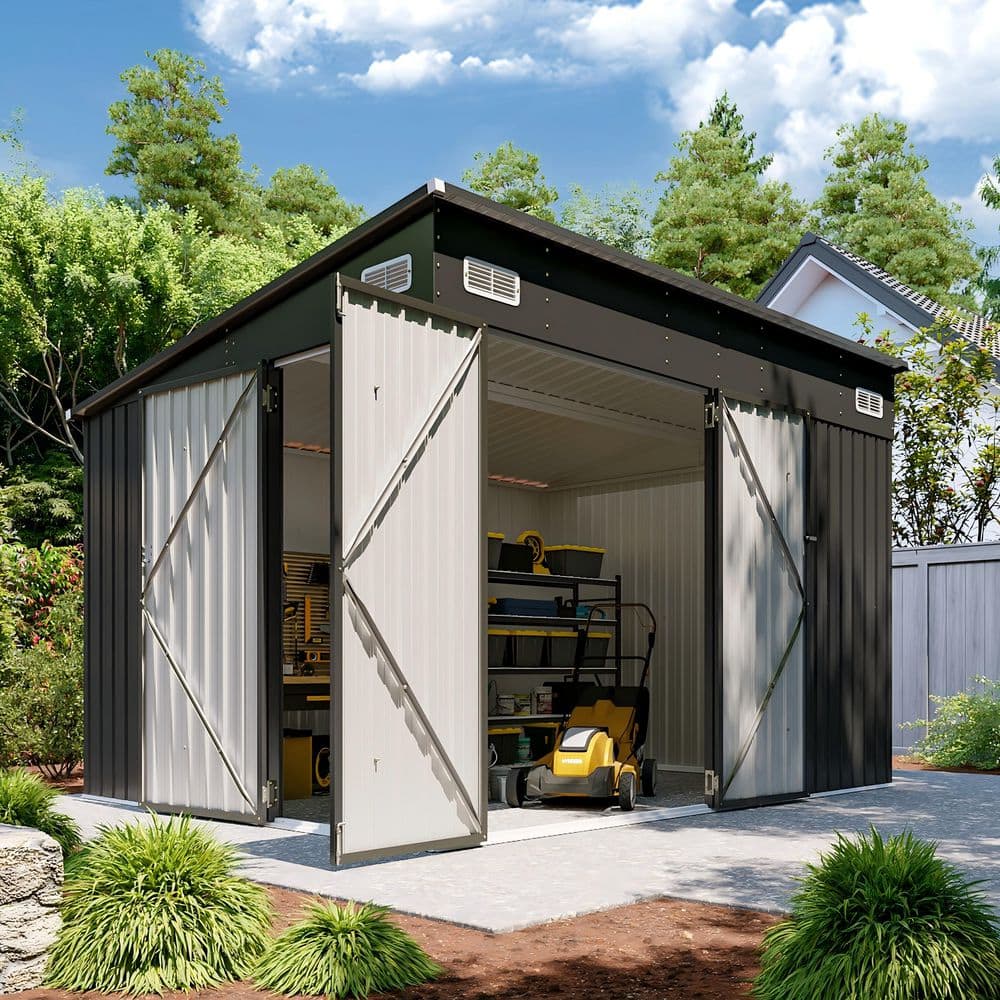 Sizzim Black 10 ft. W x 8 ft. D Outdoor Lean to Storage Metal Shed