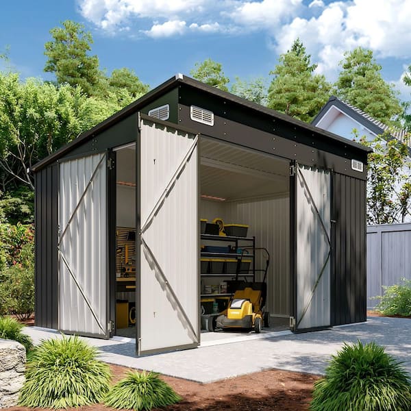 Black 10 ft. W x 8 ft. D Outdoor Lean to Storage Metal Shed with 3 Lockable Doors, Air Vents for Garden (80 sq. ft. )