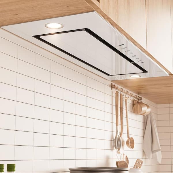 36 in. 900CFM Ductless Convertible Insert Range Hood in White Glass and Stainless Steel with LED, Gesture/Touch Control