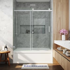 56-60.5 in. W x 66 in. H Single Sliding Frameless Smooth Sliding Tub Door in Brushed Nickel with 3/8 in. Clear Glass