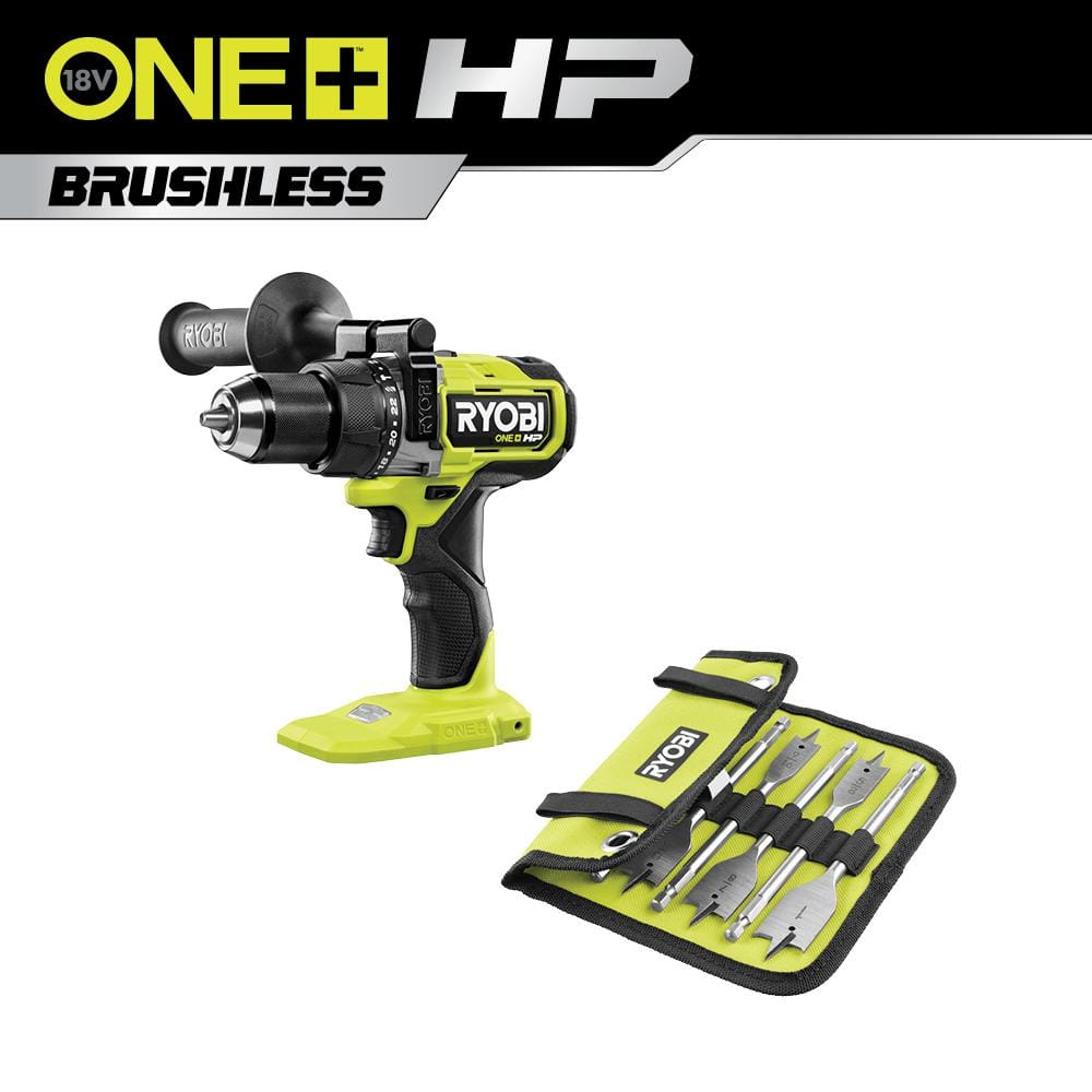 RYOBI ONE+ HP 18V Brushless Cordless 1/2 in. Hammer Drill (Tool Only) with 10-Piece Wood Spade Bit Set -  PBLHM101A971001