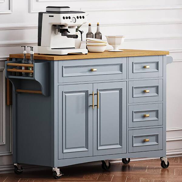 Coporesell Blue Grey Oak Veneer Kitchen Cart with Drop Leaf and
