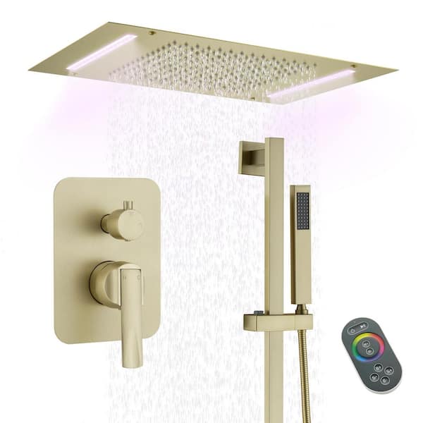 CASAINC LED Rain Shower System, 2-Handle 2-Spray Shower Faucet and Handheld Shower 2.5 GPM with Pressure Balance in Brushed Gold