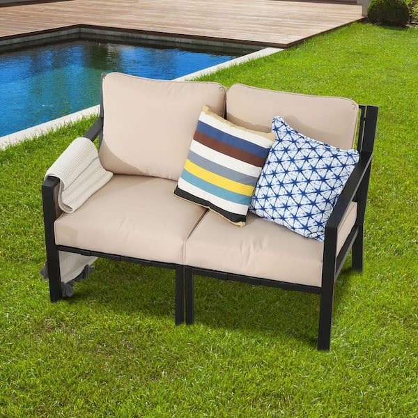 X-Back Collection 2-Piece Metal Outdoor Loveseat with Beige Cushions