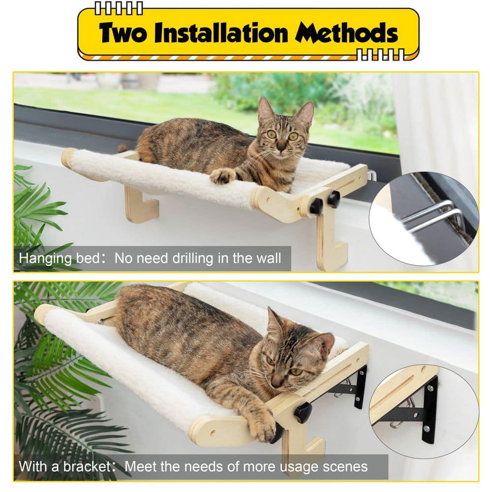 Small White Cashmere Rectangular Cat Hammock with Wooden Frame