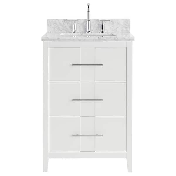 Emblem 24 in. W x 21 in. D x 34 in. H Single Sink Bath Vanity in White with Carrara Marble Top and Ceramic Basin