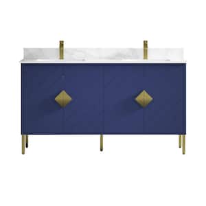 Eilee 60 in. W x 22 in. D x 33.25 in. H Double Sink Bathroom Vanity in Navy Blue with Fairy White Quartz Top
