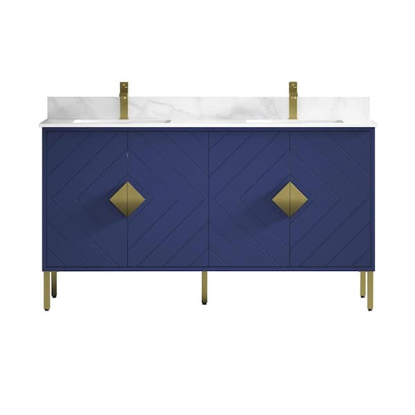 TENNANT BRAND Eilee 60 in. W x 22 in. D x 33.25 in. H Double Sink Bathroom Vanity in Navy Blue with Fairy White Quartz Top
