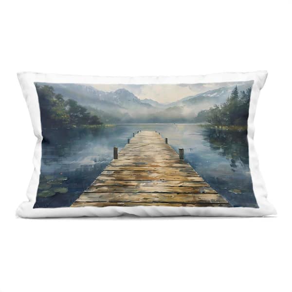 Wooden Dock Over Lake Blue Print Zipper Polyester 14 in. X 20 in. Throw Pillow