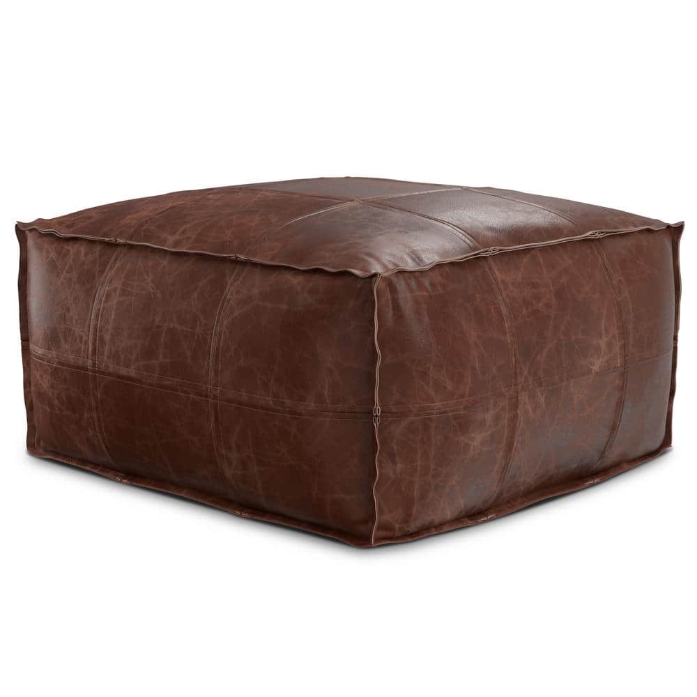 Simpli Home Sheffield Boho Brown Leather Square Pouf in Distressed