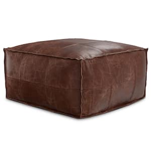 Sheffield Boho Brown Leather Square Pouf in Distressed