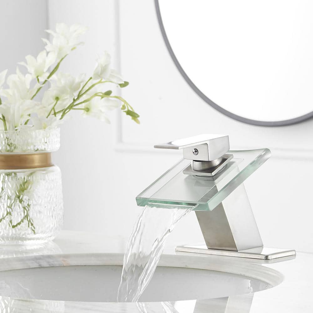 Brushed Nickel Glass Waterfall Single Handle Bathroom Faucet