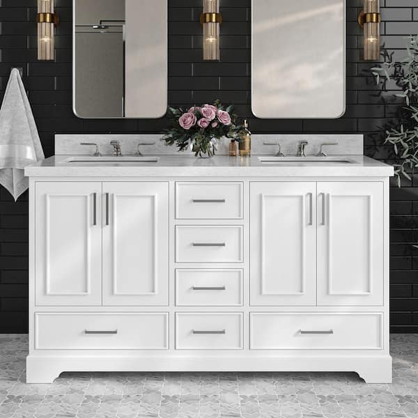 ARIEL Stafford 61 in. W x 22 in. D x 36 in. H Double Sink Freestanding Bath Vanity in White with Carrara White Marble Top