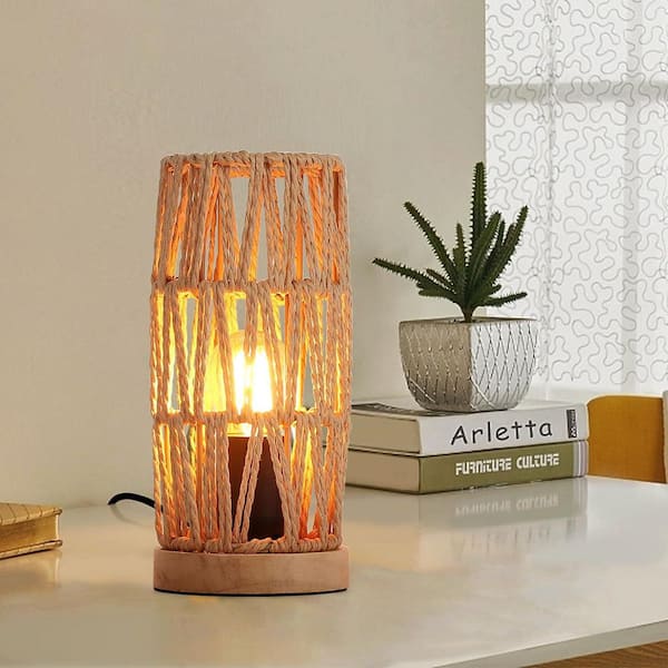Zompoo Modern 8.66 in. 1-Light Wood Base Table Lamp for Living Room with Rope Shade and Switch, E26 Base, not include bulb