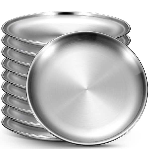 10-Pieces Silver 8 in. Stainless Steel Dinner Plates, Double Layers Serving Salad Dessert Snack, Lightweight, Reusable