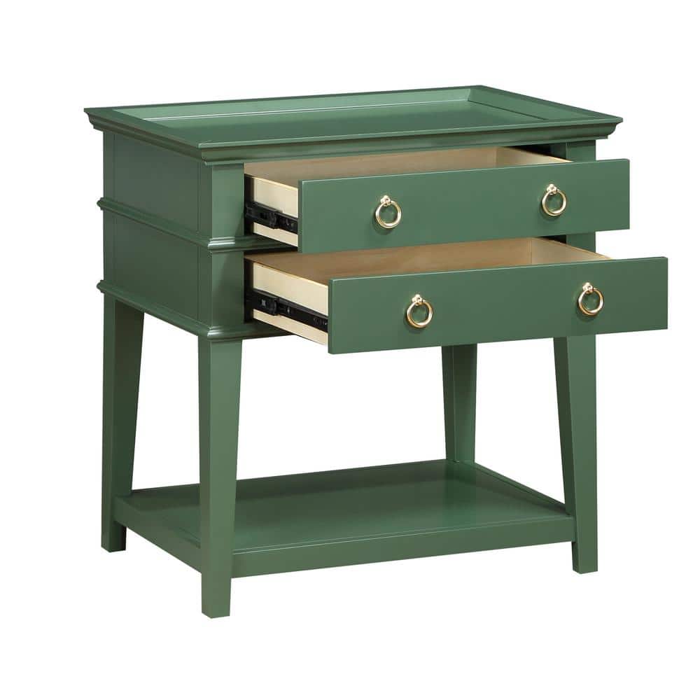 Clara Vintage Green Wood 2-Drawer Tray Top Nightstand