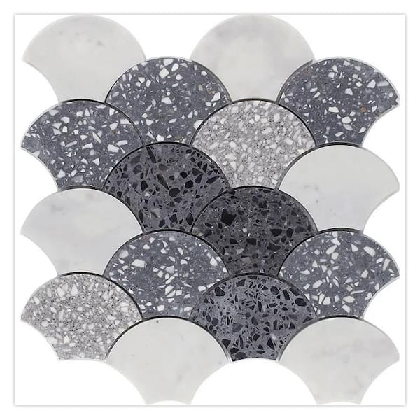 Stellare 12 in. x 12 in. Honed White, Gray Terrazzo, Marble Mosaic Fan-Fish Wall and Floor Tile (5 sq ft/case) - 5 Pack