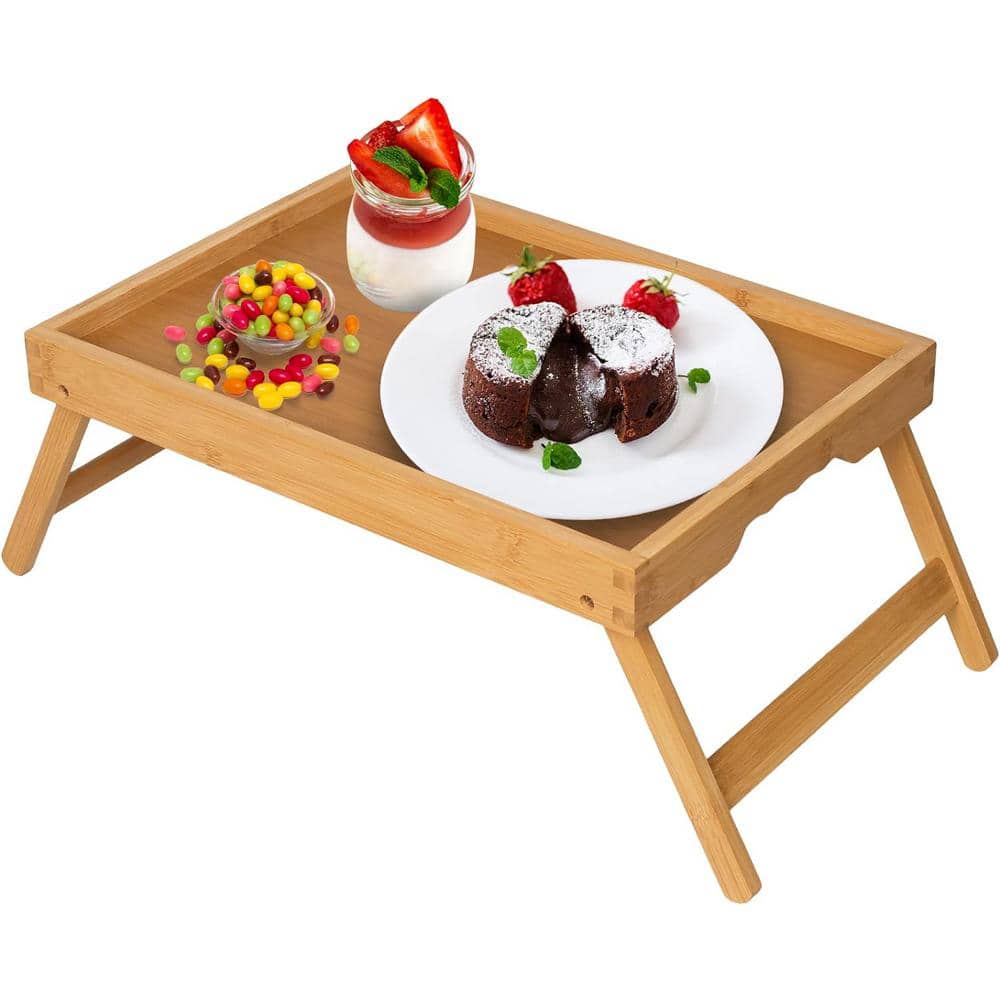Bamboo Yellow Decorative Serving Tray Table with Folding Legs for TV Table,