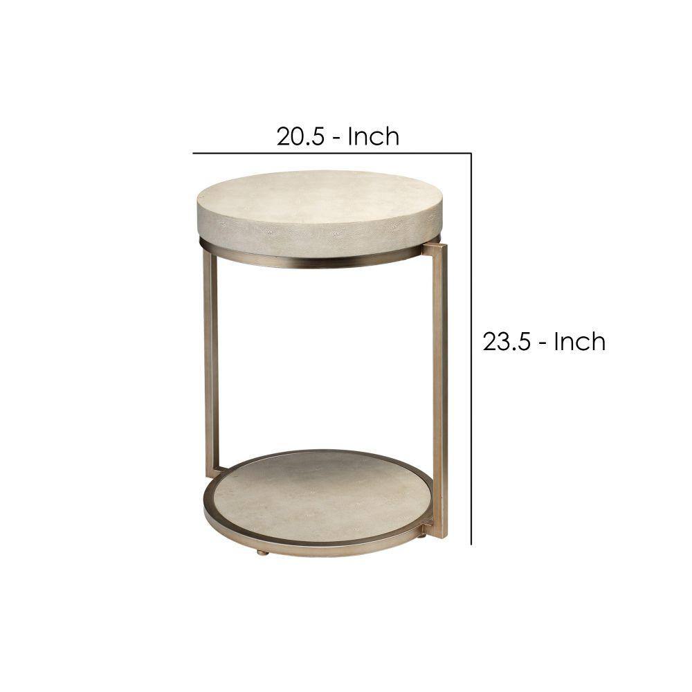 Round White and Gold Metal Side Table with Faux Shagreen Top