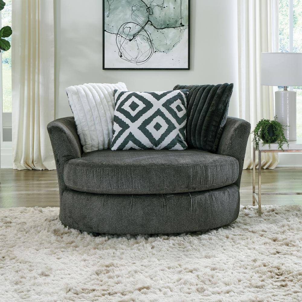 Gray Chenille Swivel Accent Chair with Throw Pillows